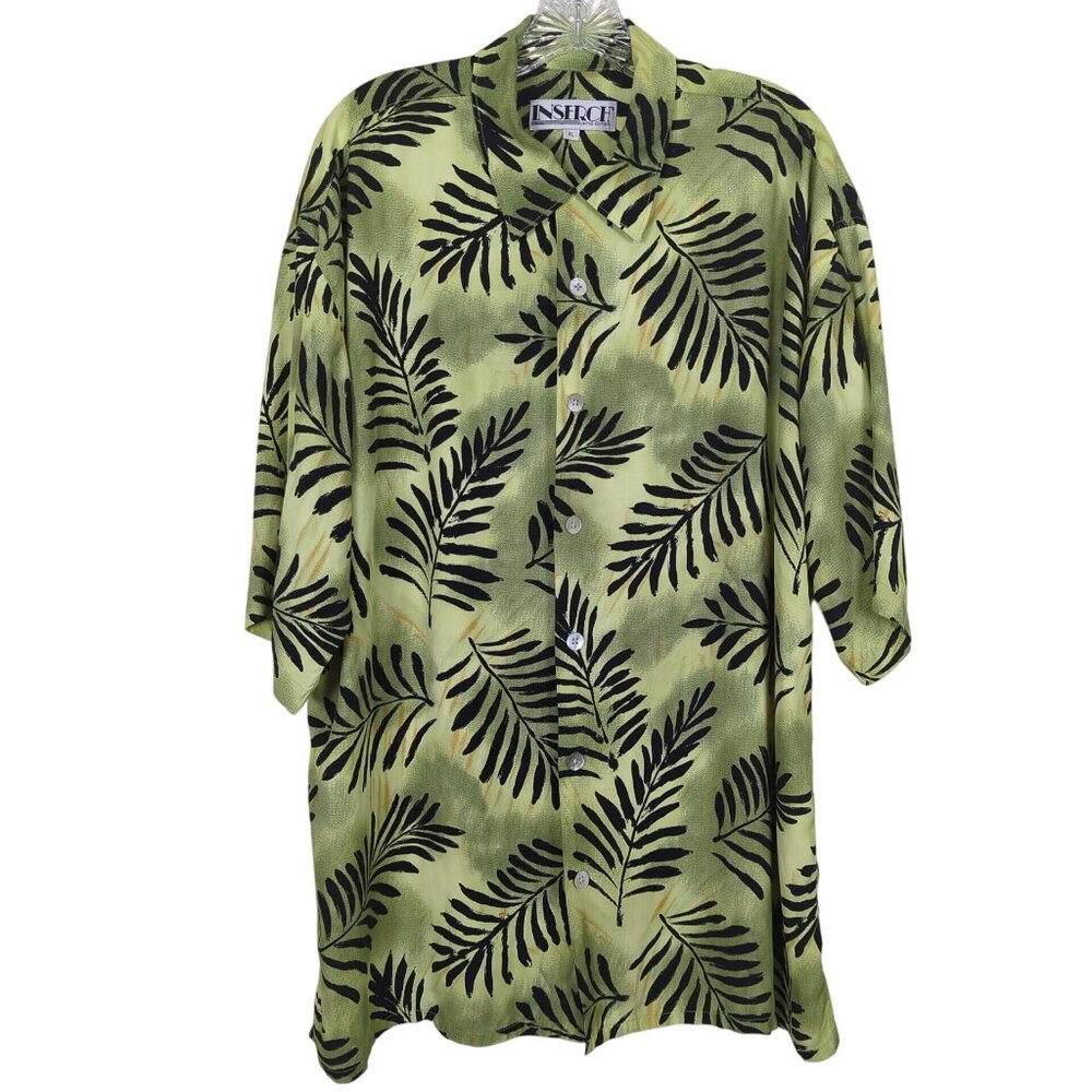 Inserch‎ Mens Green Black Men's Shirt Sz XL Leaf Pattern Button-Up Short Sleeve